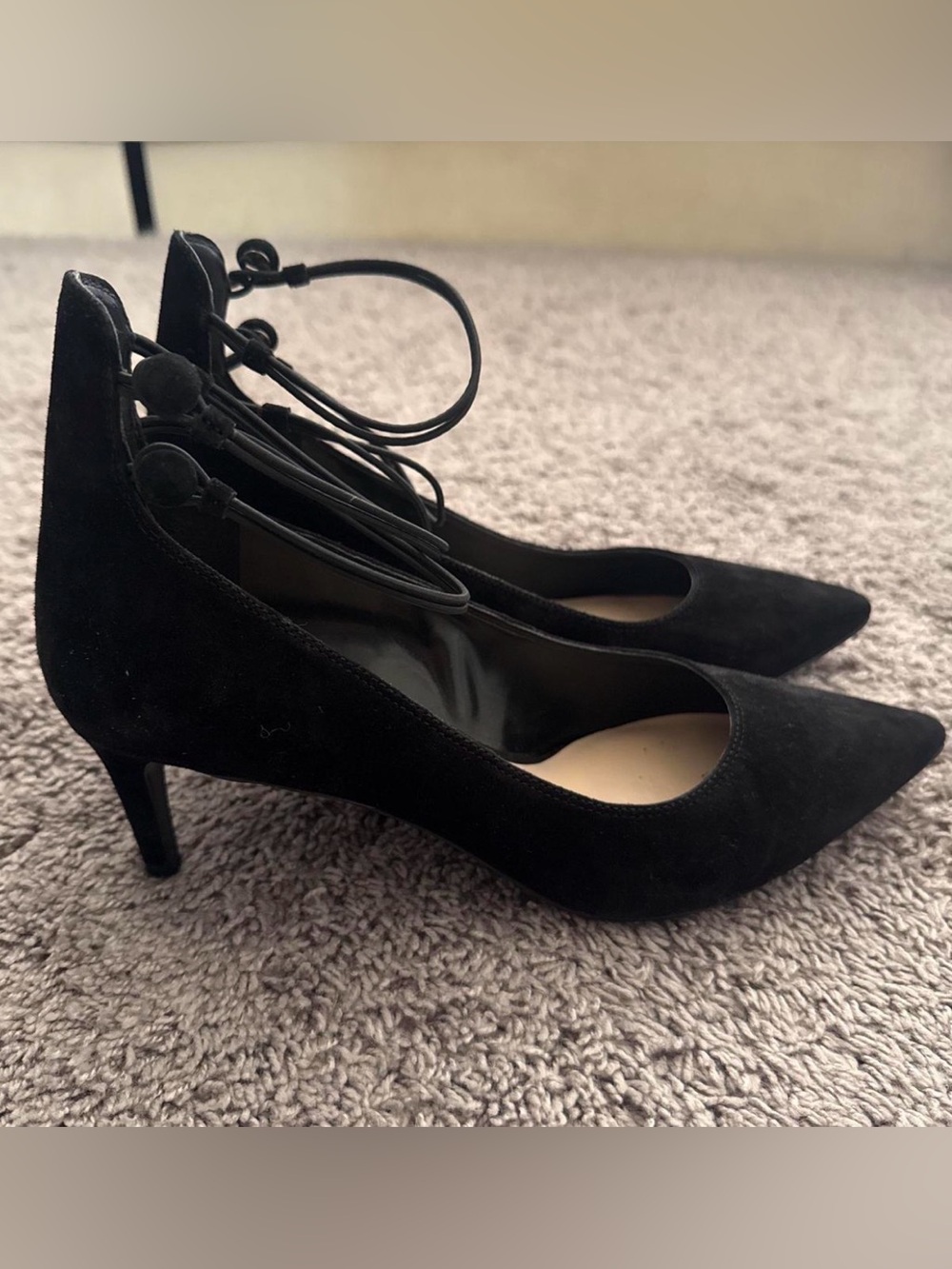 Women’s Black Suede Ankle-Tie Pumps